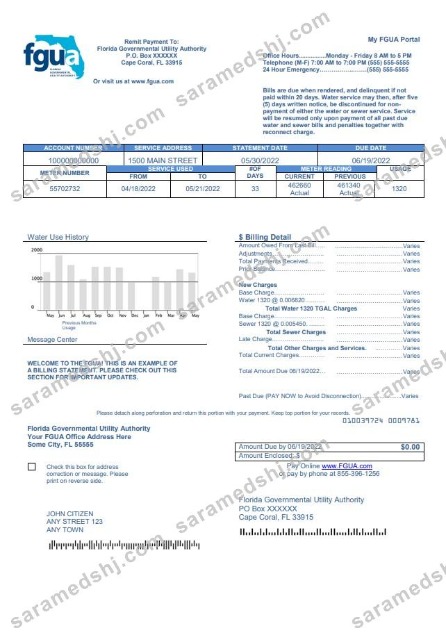 USA Florida FGUA utility bill template in Word and PDF format